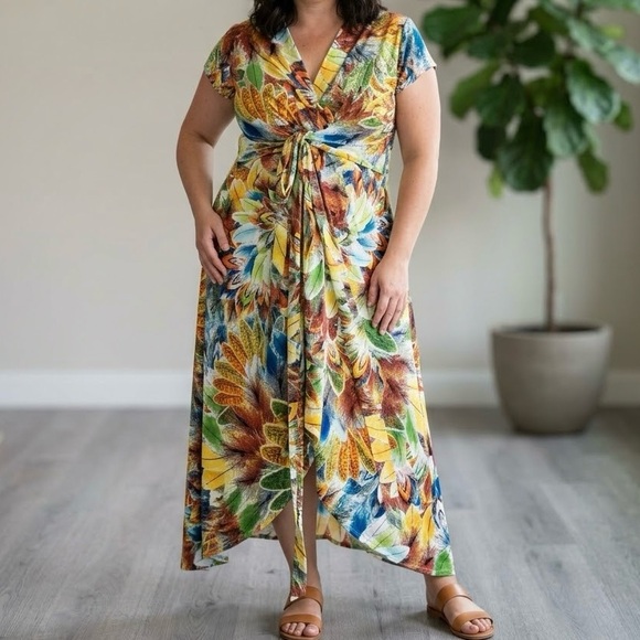 Guillaume Dresses & Skirts - Guillaume Colorful Faux Wrap Tropical Maxi Dress Floral Slinky Boho Cruise Chic